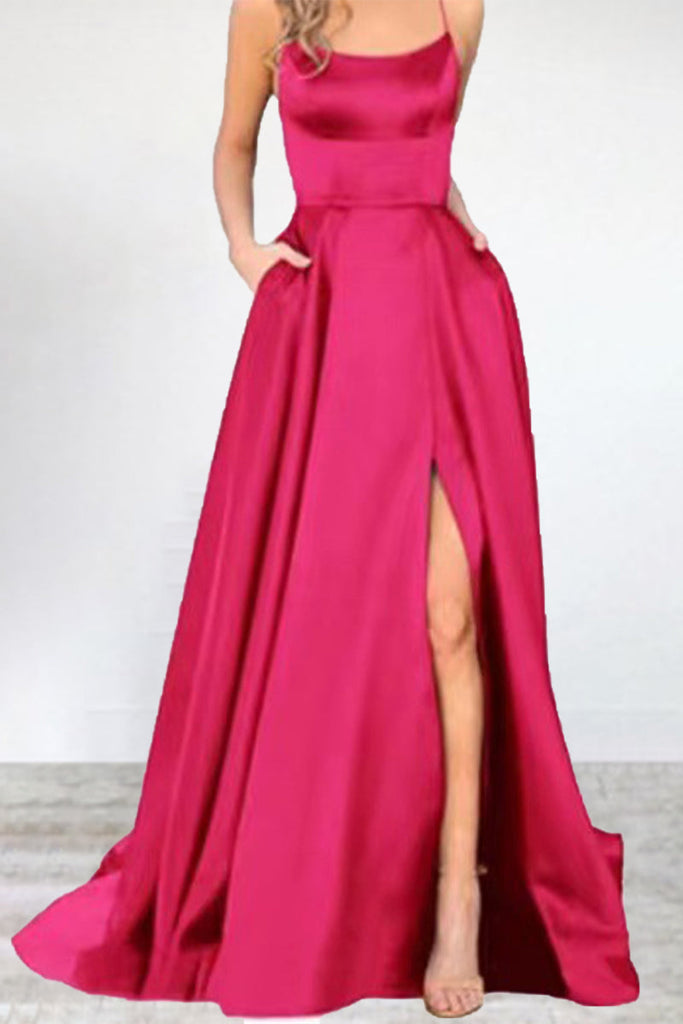 Momentlover Sexy Formal Solid High Opening U Neck Evening Dress Dresses