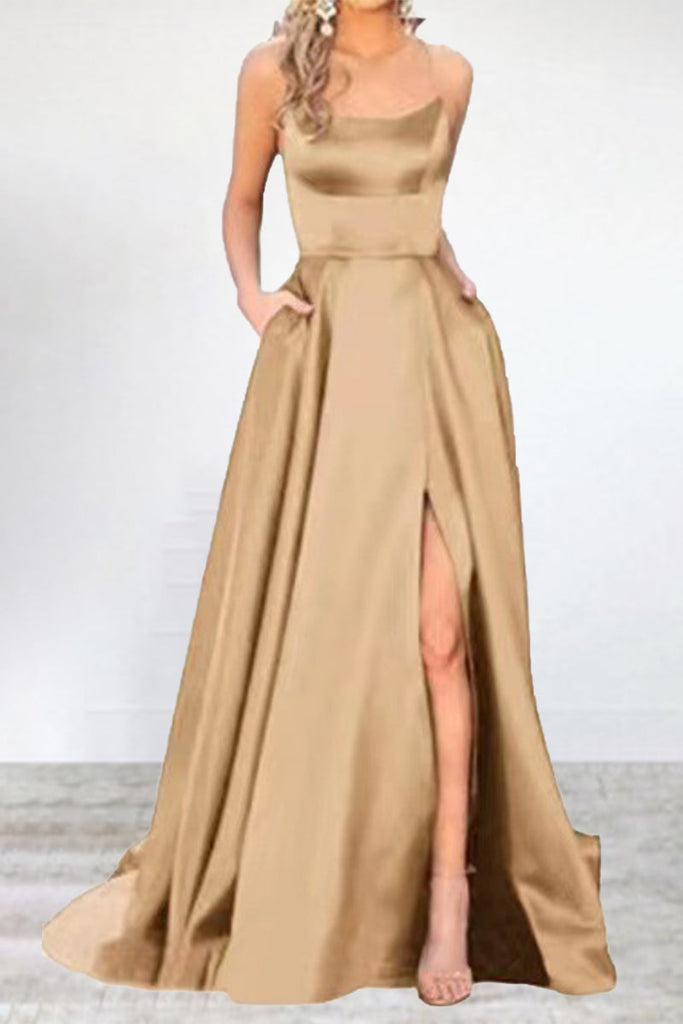 Momentlover Sexy Formal Solid High Opening U Neck Evening Dress Dresses