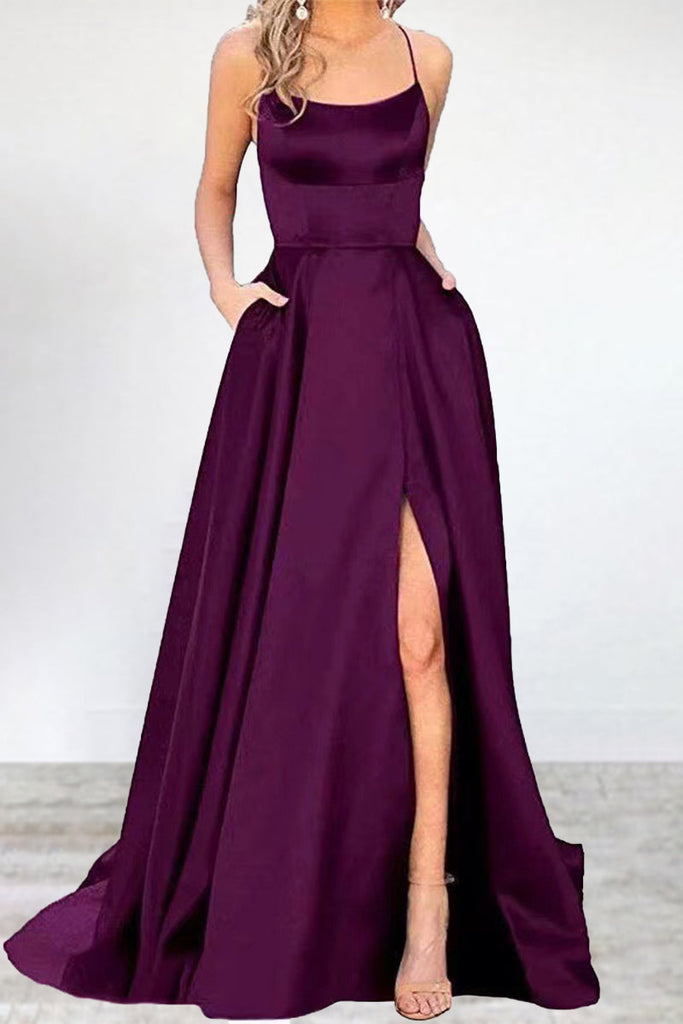 Momentlover Sexy Formal Solid High Opening U Neck Evening Dress Dresses