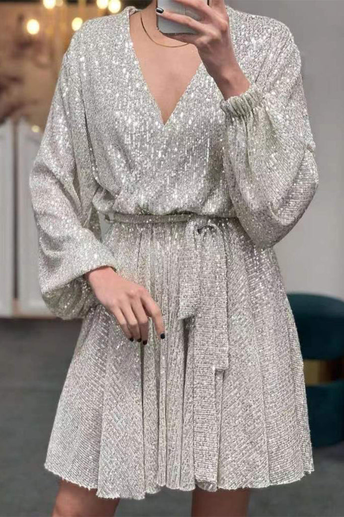 Momentlover Celebrities Elegant Solid Sequins V Neck A Line Dresses