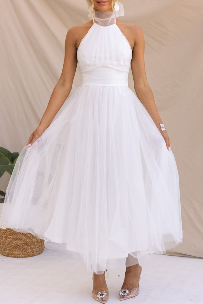 Momentlover Sweet Elegant Solid Backless Halter A Line Dresses(6 Colors)