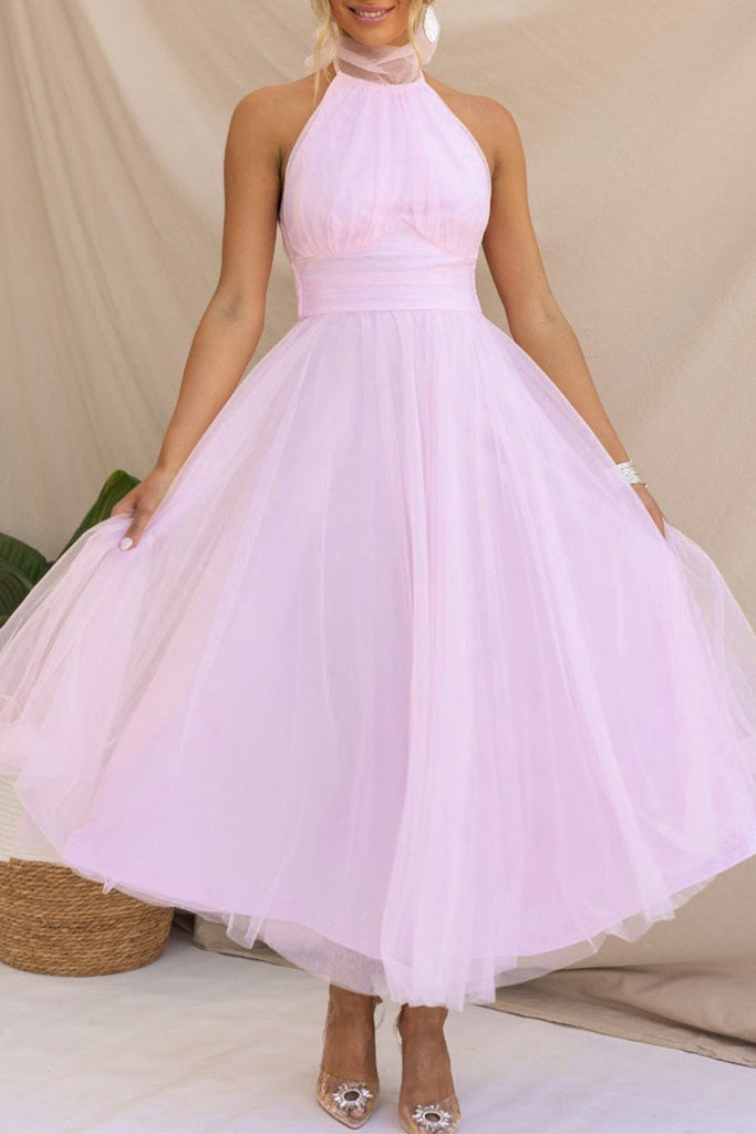 Momentlover Sweet Elegant Solid Backless Halter A Line Dresses(6 Colors)