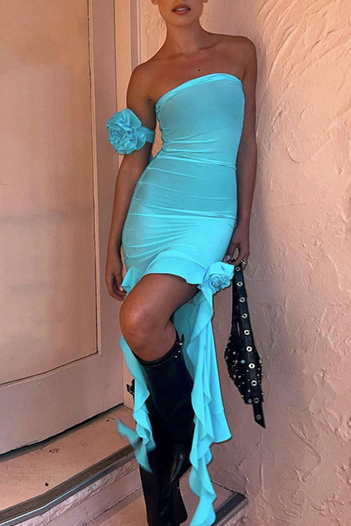 Momentlover Sexy Solid Patchwork Appliques Asymmetrical Strapless Mesh Dress Dresses