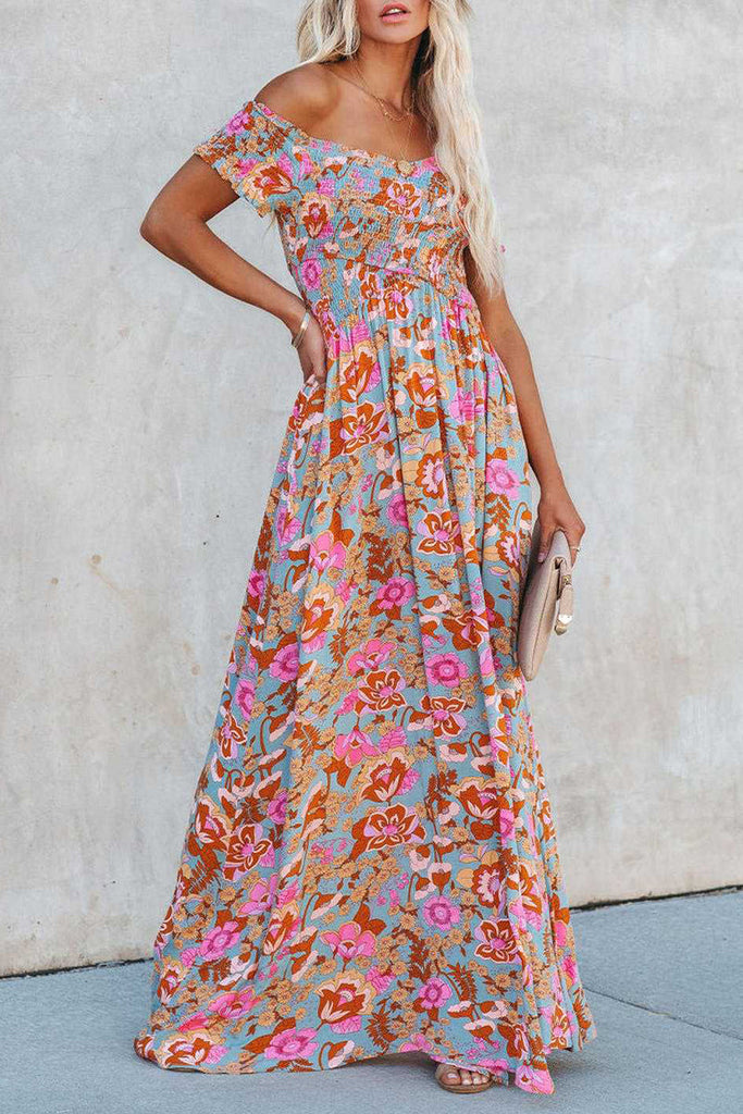 Momentlover Elegant Vacation Floral Patchwork Off the Shoulder Printed Dress Dresses