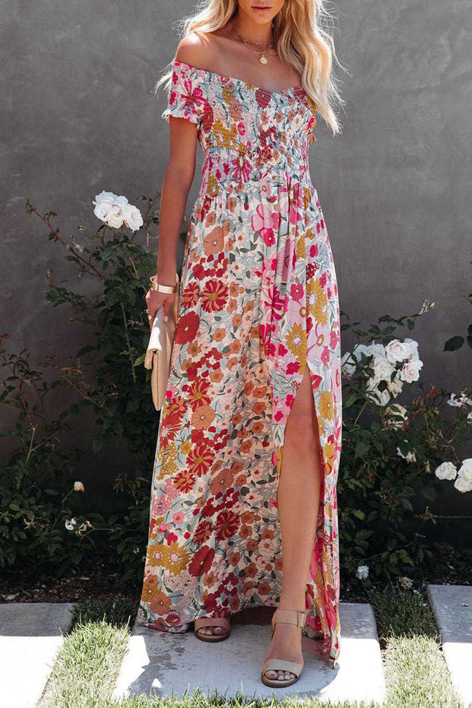 Momentlover Elegant Vacation Floral Patchwork Off the Shoulder Printed Dress Dresses