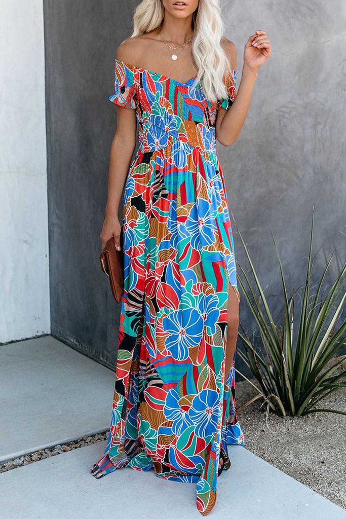 Momentlover Elegant Vacation Floral Patchwork Off the Shoulder Printed Dress Dresses