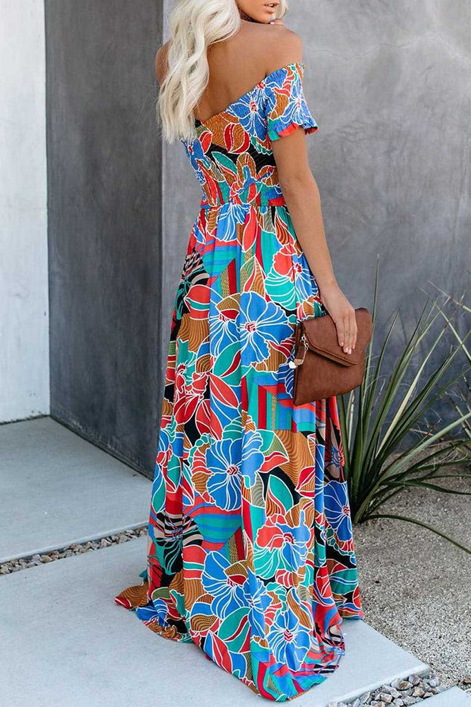 Momentlover Elegant Vacation Floral Patchwork Off the Shoulder Printed Dress Dresses