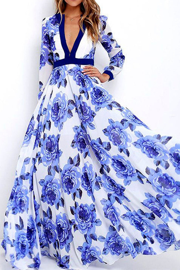 Momentlover Elegant Vacation Print Patchwork V Neck Printed Dress Dresses