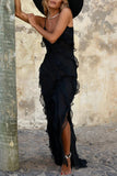 Momentlover Sexy Celebrities Solid Flounce Slit V Neck Sling Dress Dresses