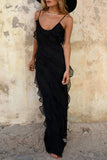 Momentlover Sexy Celebrities Solid Flounce Slit V Neck Sling Dress Dresses