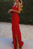 Momentlover Sexy Celebrities Solid Flounce Slit V Neck Sling Dress Dresses