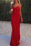 Momentlover Sexy Celebrities Solid Flounce Slit V Neck Sling Dress Dresses