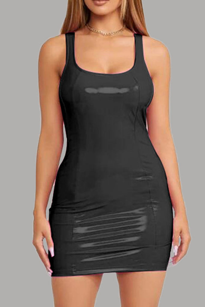 Momentlover Sexy Party Solid Patchwork Zipper U Neck One Step Skirt Dresses