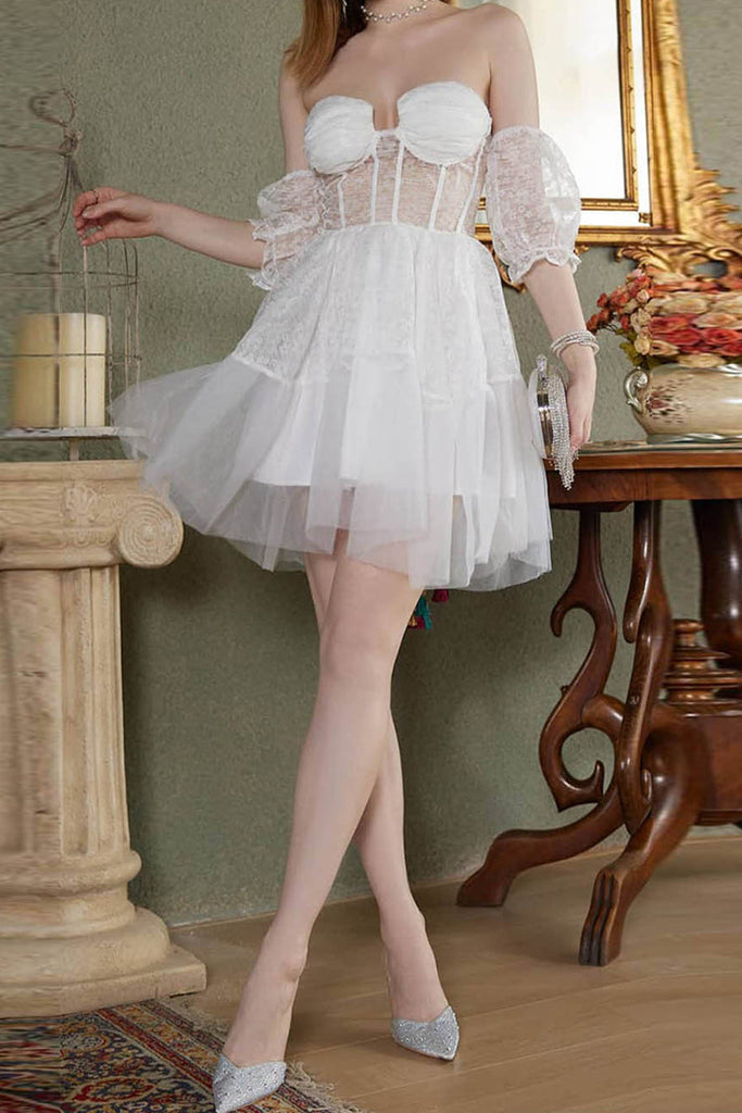 Momentlover Celebrities Elegant Solid Lace See-through Off the Shoulder Princess Dresses