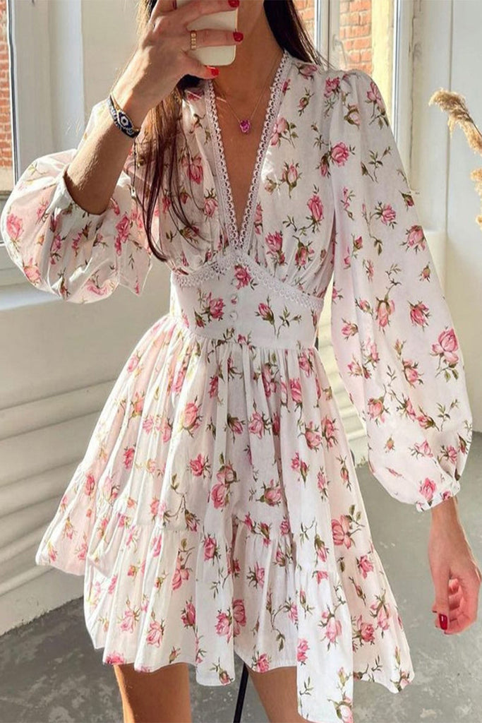 Momentlover Sweet Elegant Floral Lace V Neck Princess Dresses
