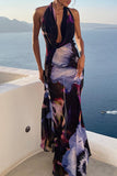 Momentlover Sexy Vacation Print Backless V Neck Dresses