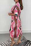 Momentlover Casual Geometric Print Patchwork V Neck Shirt Dress Dresses
