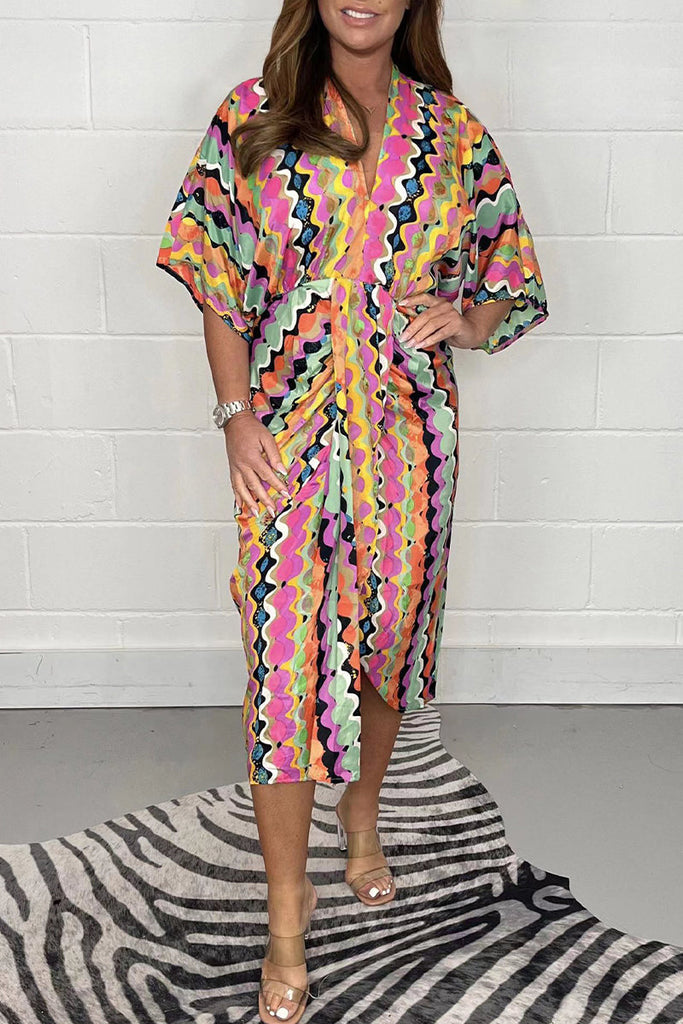 Momentlover Casual Geometric Print Patchwork V Neck Shirt Dress Dresses