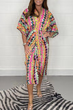 Momentlover Casual Geometric Print Patchwork V Neck Shirt Dress Dresses