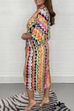 Momentlover Casual Geometric Print Patchwork V Neck Shirt Dress Dresses