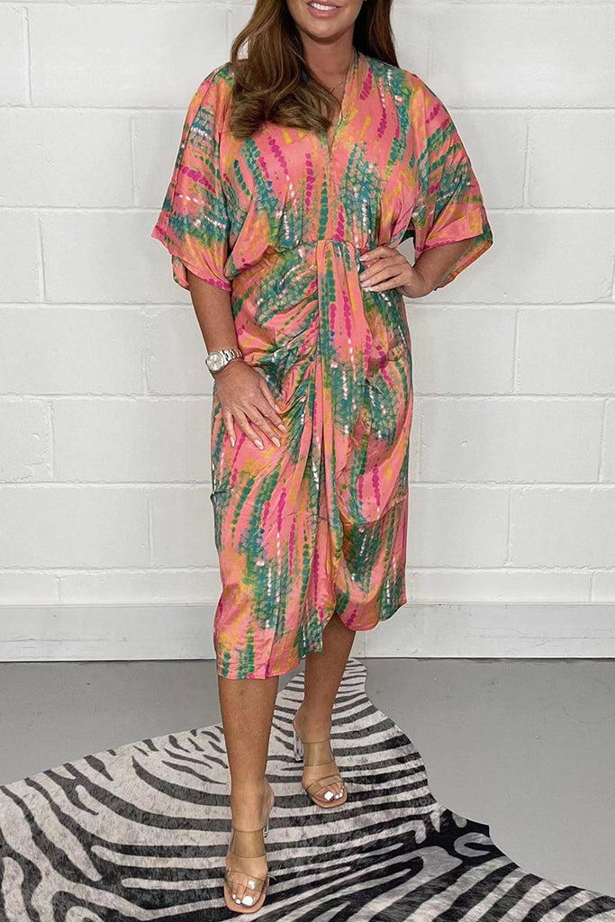 Momentlover Casual Geometric Print Patchwork V Neck Shirt Dress Dresses