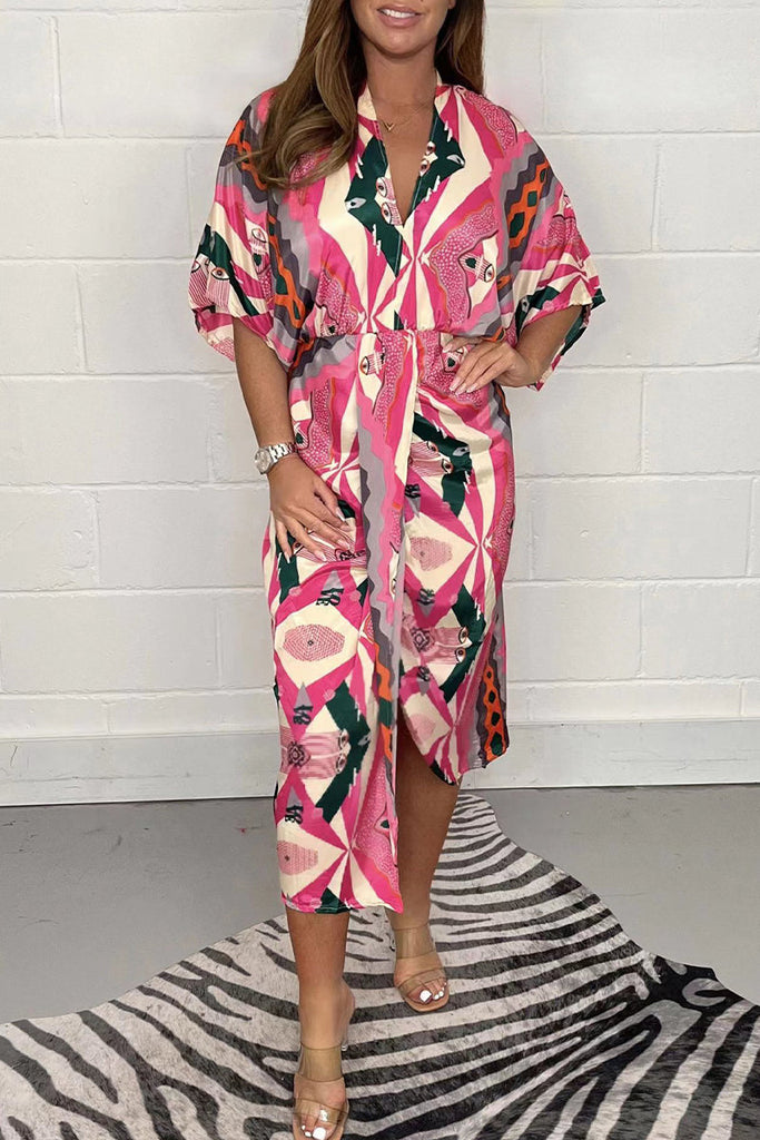 Momentlover Casual Geometric Print Patchwork V Neck Shirt Dress Dresses