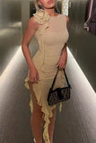 Momentlover Sexy Solid See-through Asymmetrical Oblique Collar Wrapped Skirt Dresses(5 Colors)