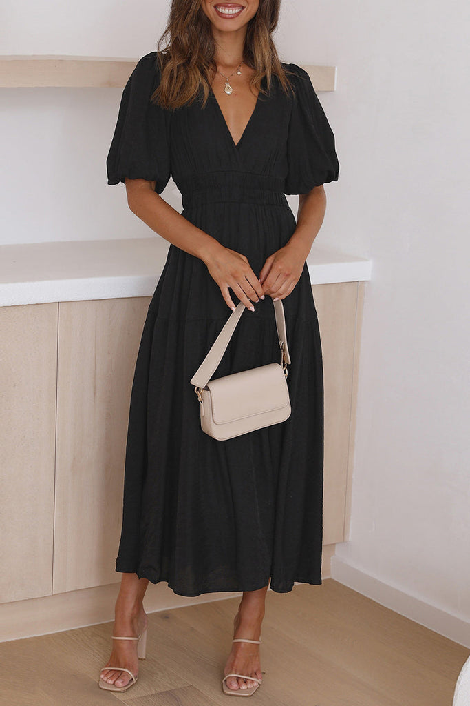 Momentlover Elegant Solid V Neck A Line Dresses