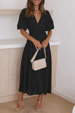 Momentlover Elegant Solid V Neck A Line Dresses