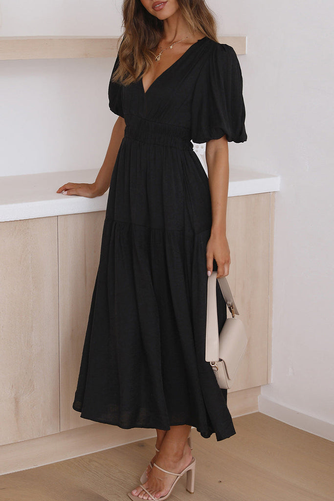 Momentlover Elegant Solid V Neck A Line Dresses