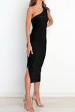 Momentlover Sexy Simplicity Solid Fold Oblique Collar A Line Dresses