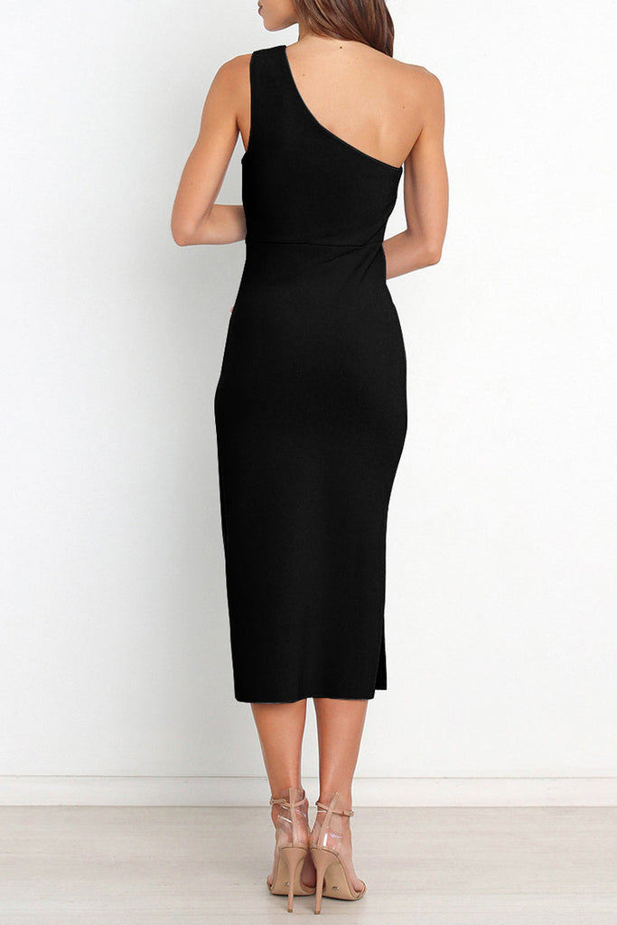 Momentlover Sexy Simplicity Solid Fold Oblique Collar A Line Dresses
