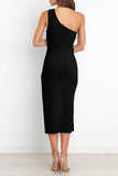 Momentlover Sexy Simplicity Solid Fold Oblique Collar A Line Dresses