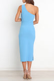 Momentlover Sexy Simplicity Solid Fold Oblique Collar A Line Dresses