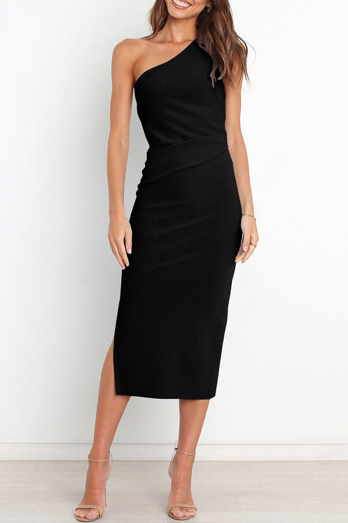 Momentlover Sexy Simplicity Solid Fold Oblique Collar A Line Dresses