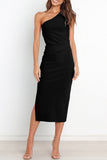 Momentlover Sexy Simplicity Solid Fold Oblique Collar A Line Dresses