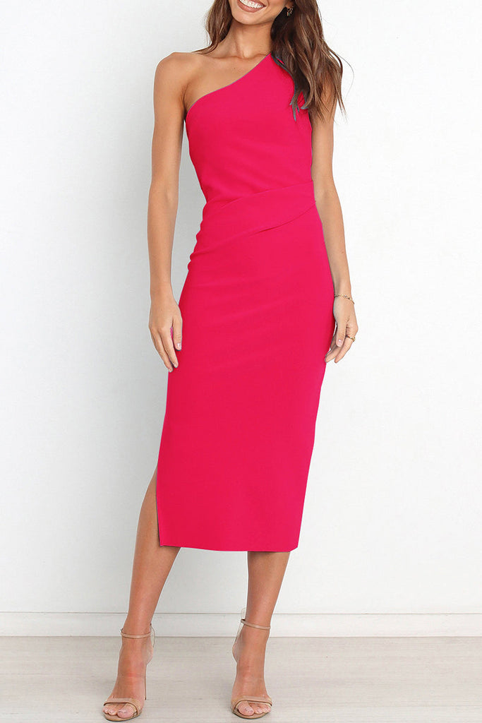Momentlover Sexy Simplicity Solid Fold Oblique Collar A Line Dresses