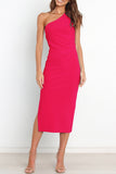 Momentlover Sexy Simplicity Solid Fold Oblique Collar A Line Dresses