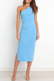 Momentlover Sexy Simplicity Solid Fold Oblique Collar A Line Dresses