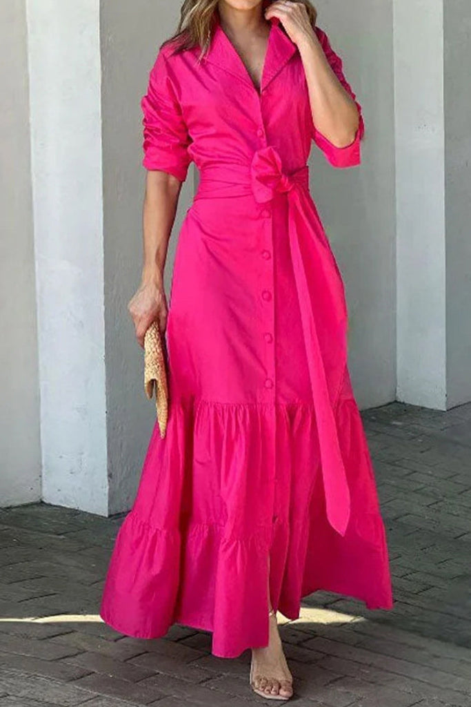 Momentlover Casual Solid Bandage Shirt Collar Waist Skirt Dresses