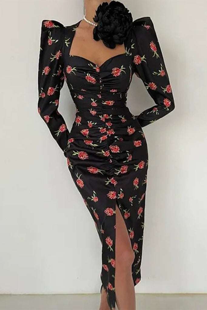 Momentlover Elegant Print Fold Square Collar Printed Dress Dresses