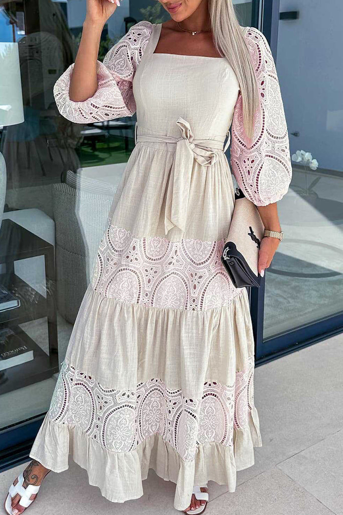 Momentlover Elegant Solid Hollowed Out Frenulum Square Collar A Line Dresses(4 Colors)