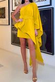 Momentlover Casual Solid Patchwork With Belt Oblique Collar Irregular Dress Dresses