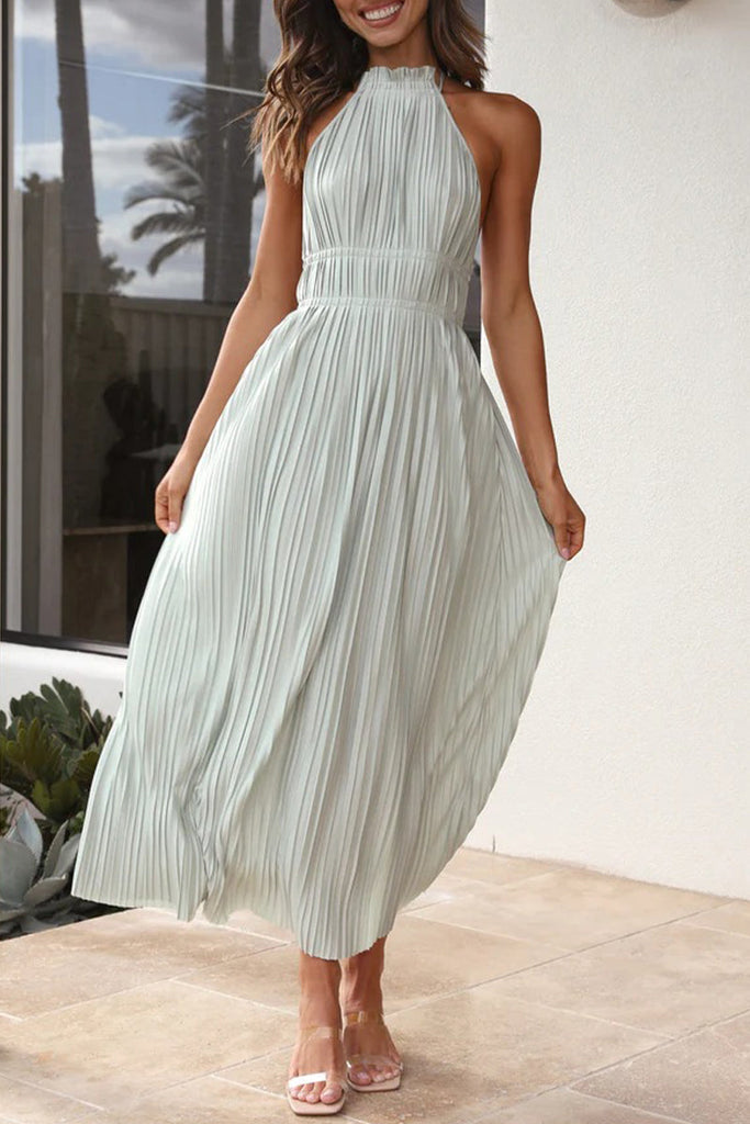 Momentlover Elegant Solid Backless Fold Halter Waist Skirt Dresses(4 Colors)