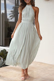 Momentlover Elegant Solid Backless Fold Halter Waist Skirt Dresses(4 Colors)