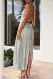 Momentlover Elegant Solid Backless Fold Halter Waist Skirt Dresses(4 Colors)