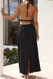 Momentlover Elegant Solid Backless Fold Halter Waist Skirt Dresses(4 Colors)