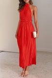 Momentlover Elegant Solid Backless Fold Halter Waist Skirt Dresses(4 Colors)