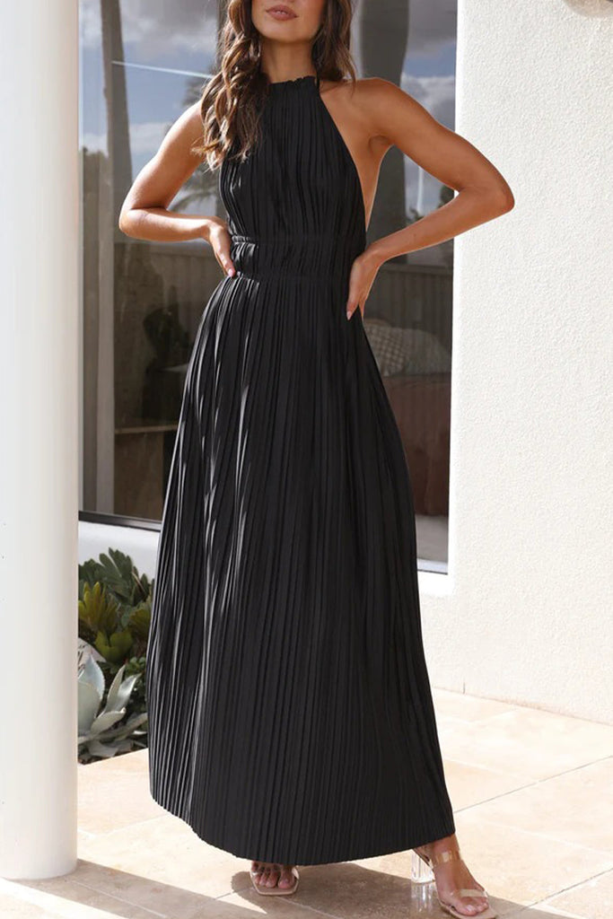 Momentlover Elegant Solid Backless Fold Halter Waist Skirt Dresses(4 Colors)