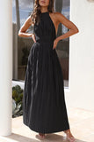 Momentlover Elegant Solid Backless Fold Halter Waist Skirt Dresses(4 Colors)